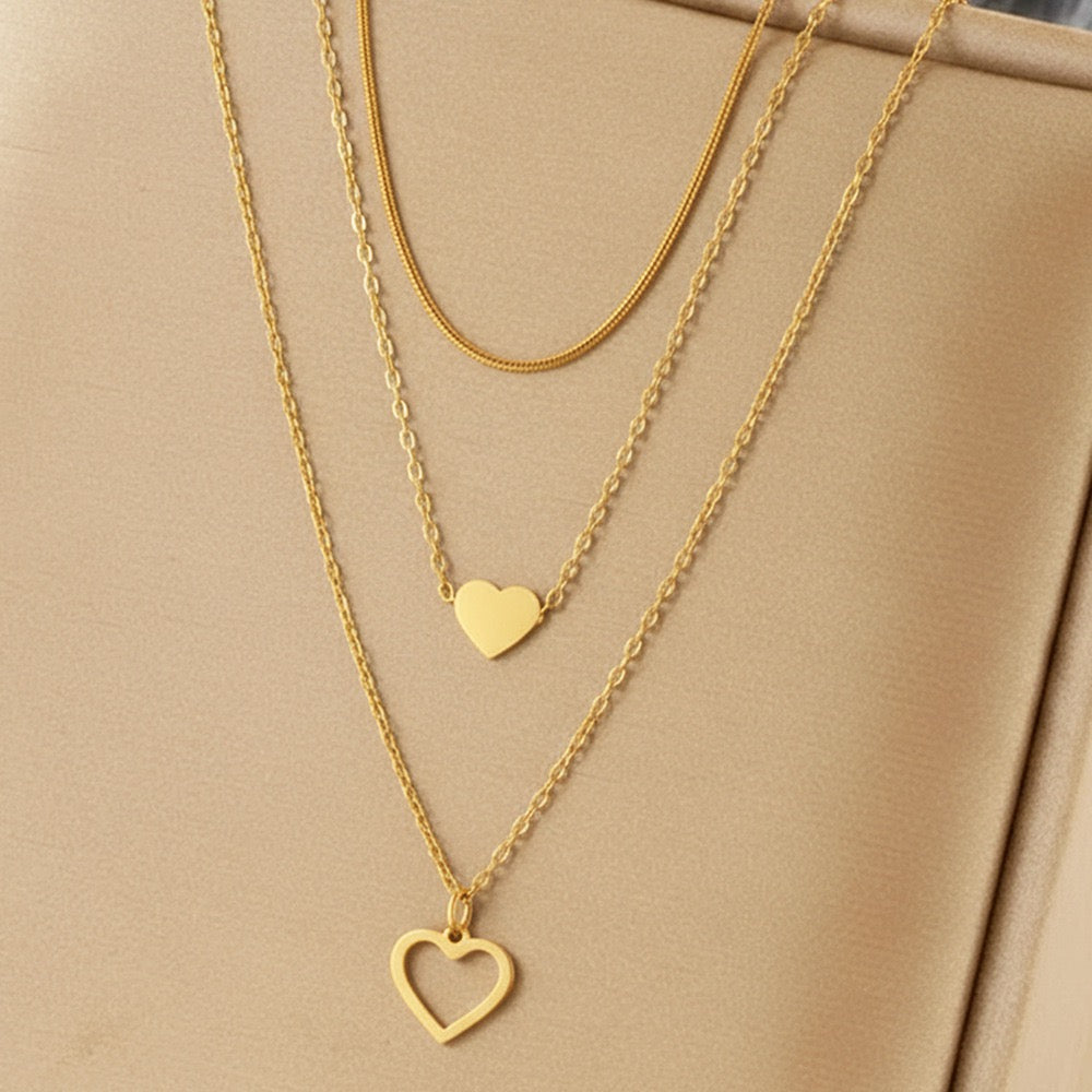 18K Gold Double Heart Layered Necklace Set