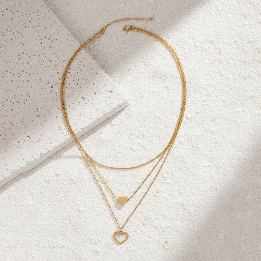 18K Gold Double Heart Layered Necklace Set