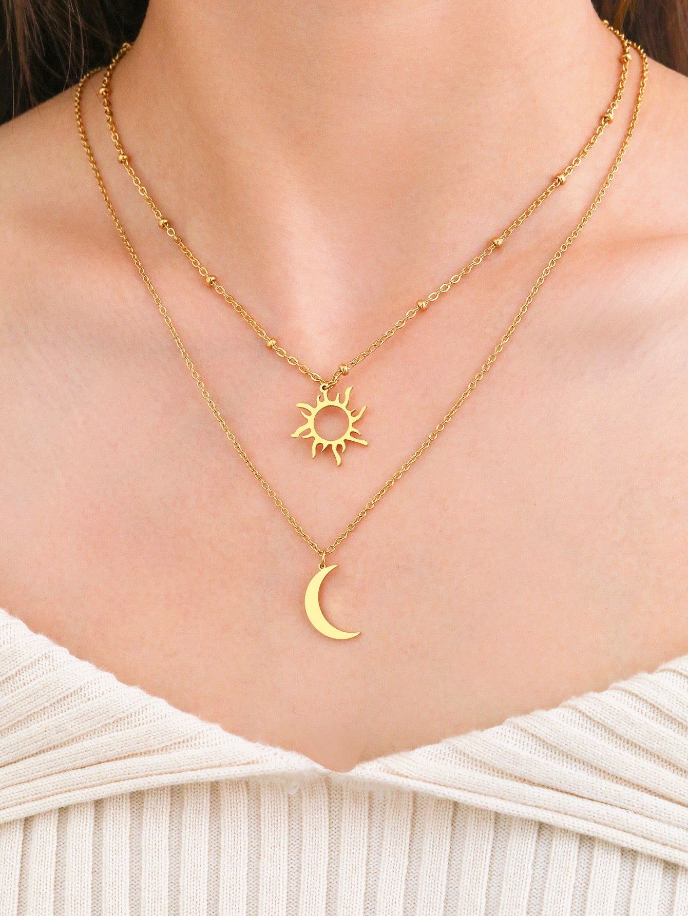 18K Gold Sun Moon Layered Necklace