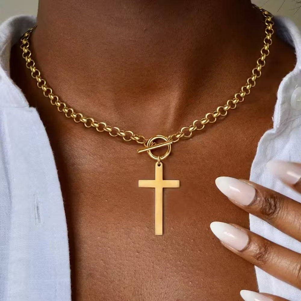 18K Gold Cross Pendant OT Clasp Necklace