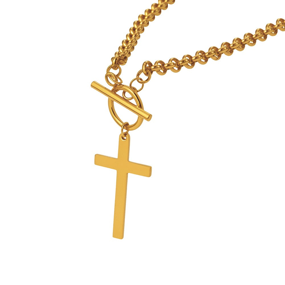 18K Gold Cross Pendant OT Clasp Necklace