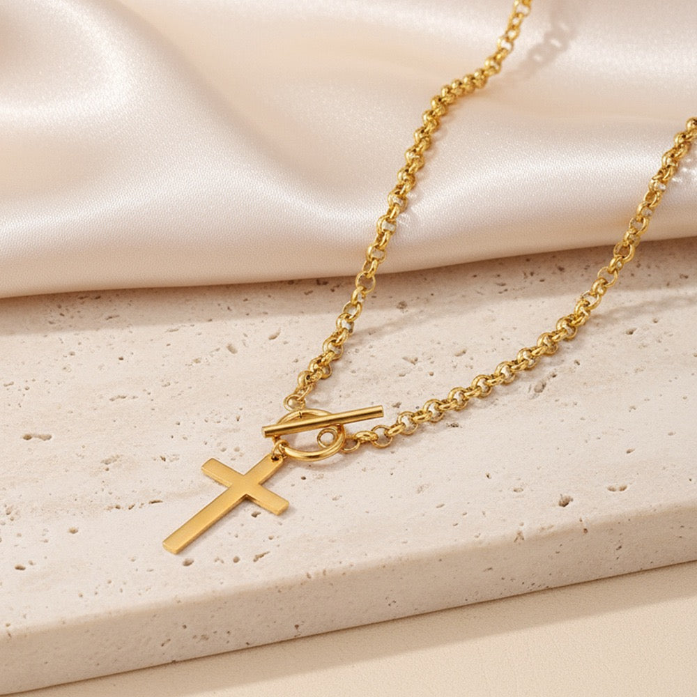 18K Gold Cross Pendant OT Clasp Necklace