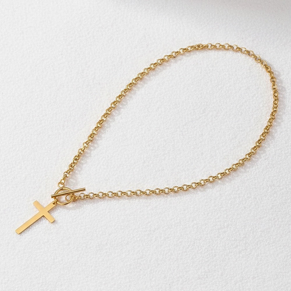 18K Gold Cross Pendant OT Clasp Necklace