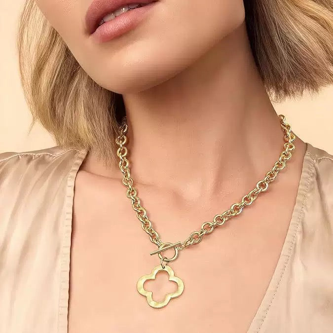 18K Gold OT Hollow Hammered Flower Cross Paperclip Heart Necklace