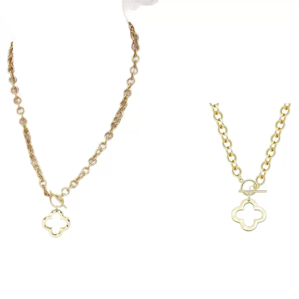 18K Gold OT Hollow Hammered Flower Cross Paperclip Heart Necklace