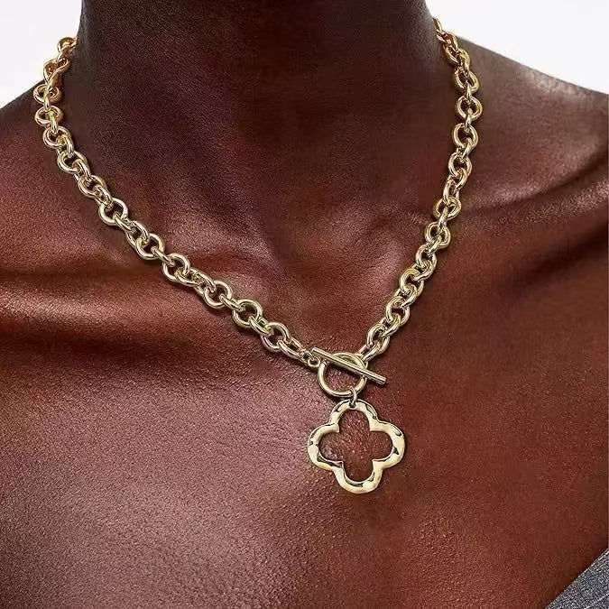 18K Gold OT Hollow Hammered Flower Cross Paperclip Heart Necklace