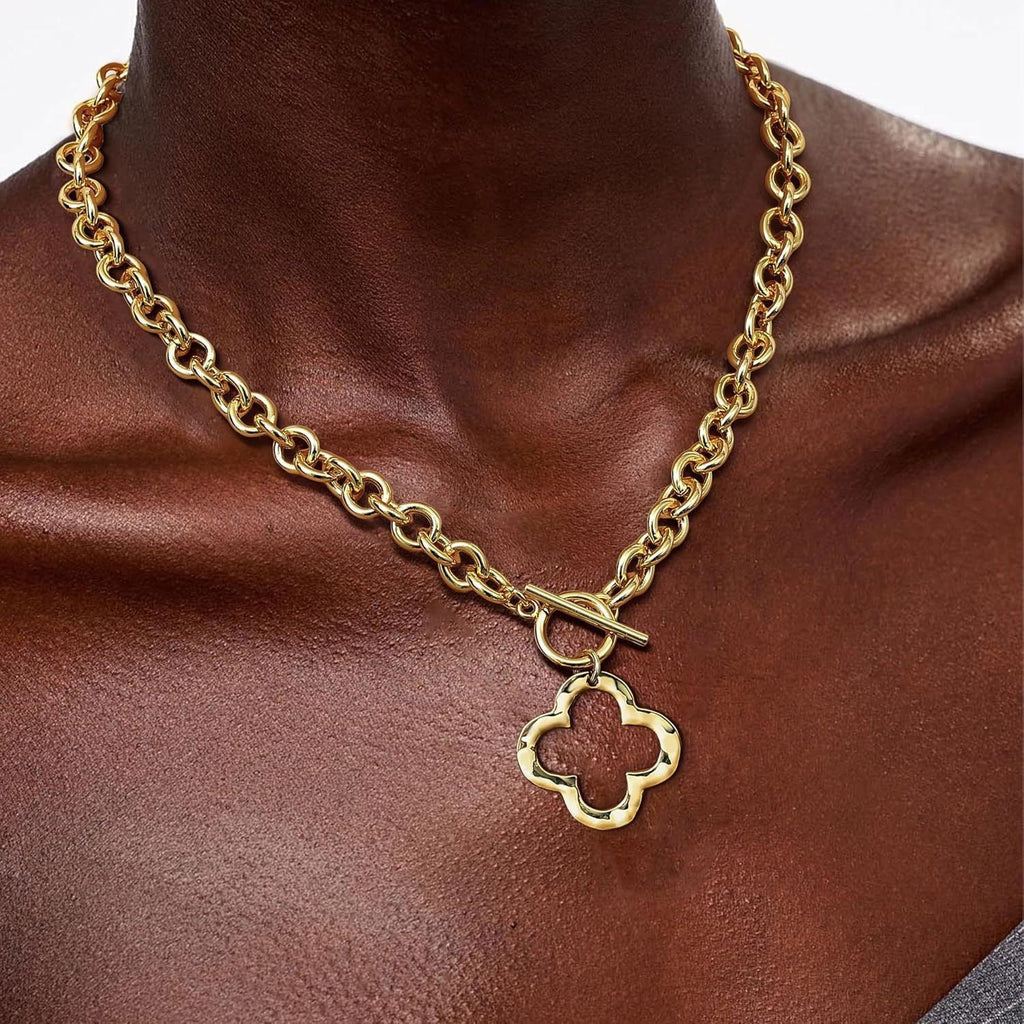 18K Gold OT Hollow Hammered Flower Cross Paperclip Heart Necklace