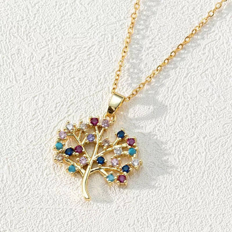 18K Gold Round Hollow Tree of Life Zircon Clavicle Necklace