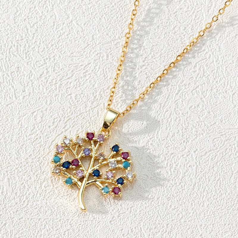 18K Gold Round Hollow Tree of Life Zircon Clavicle Necklace