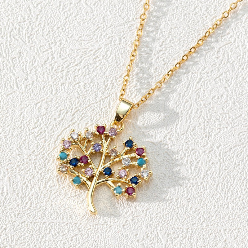 18K Gold Round Hollow Tree of Life Zircon Clavicle Necklace