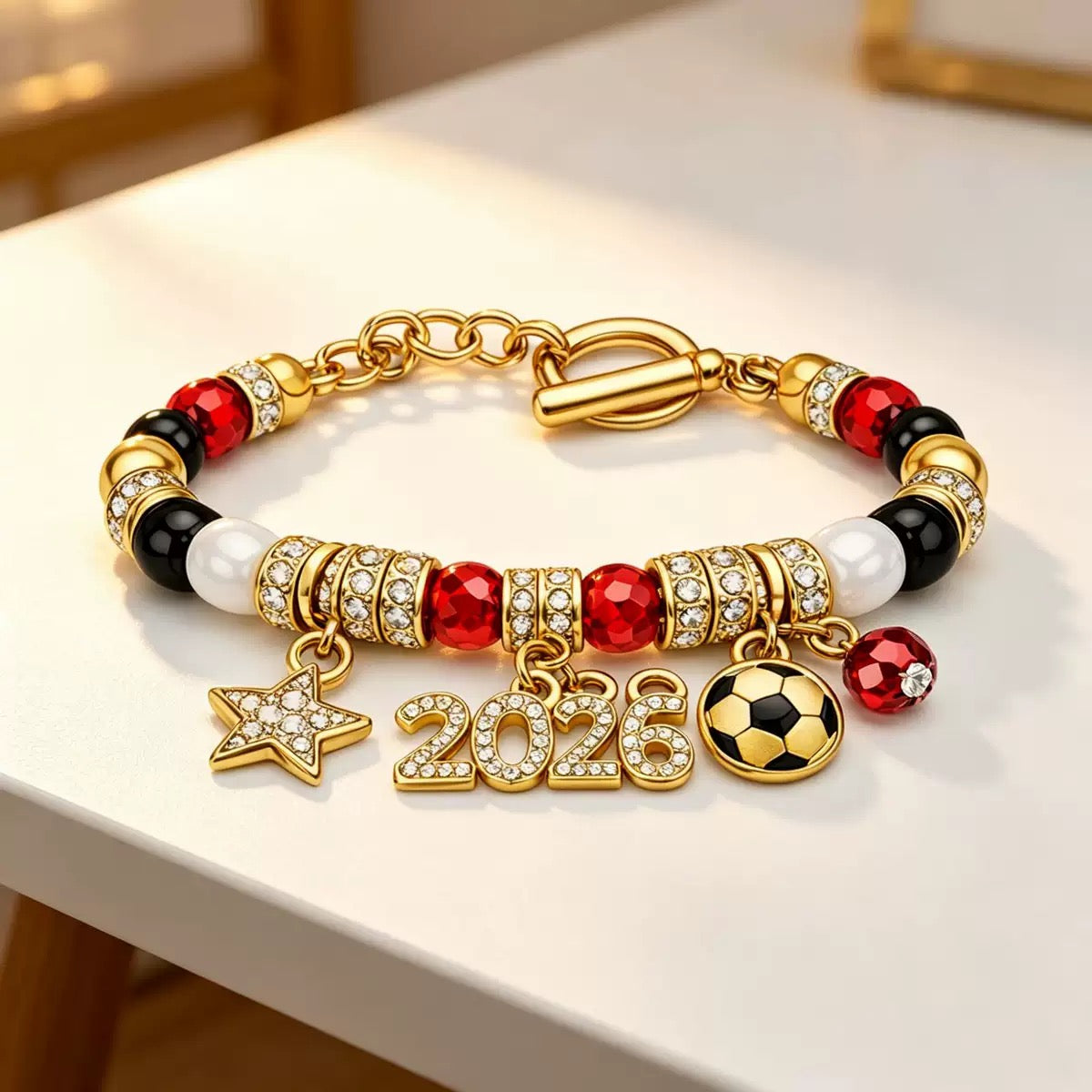 18K Gold World Cup Soccer Star Beaded Adjustable Bracelet