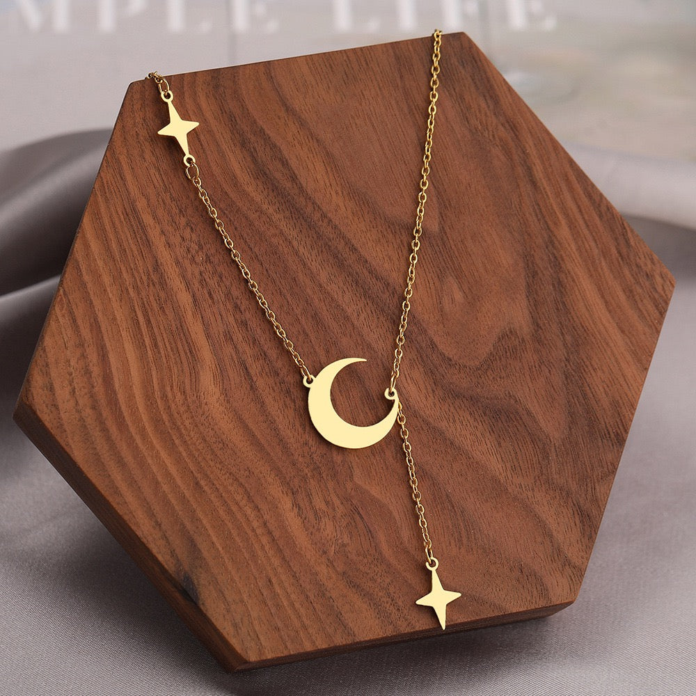 18K Gold Star Moon Tassel Minimalist INS Clavicle Necklace