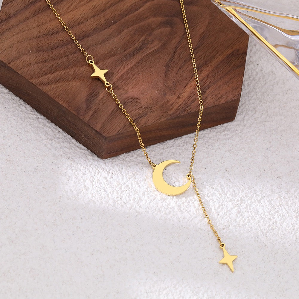 18K Gold Star Moon Tassel Minimalist INS Clavicle Necklace