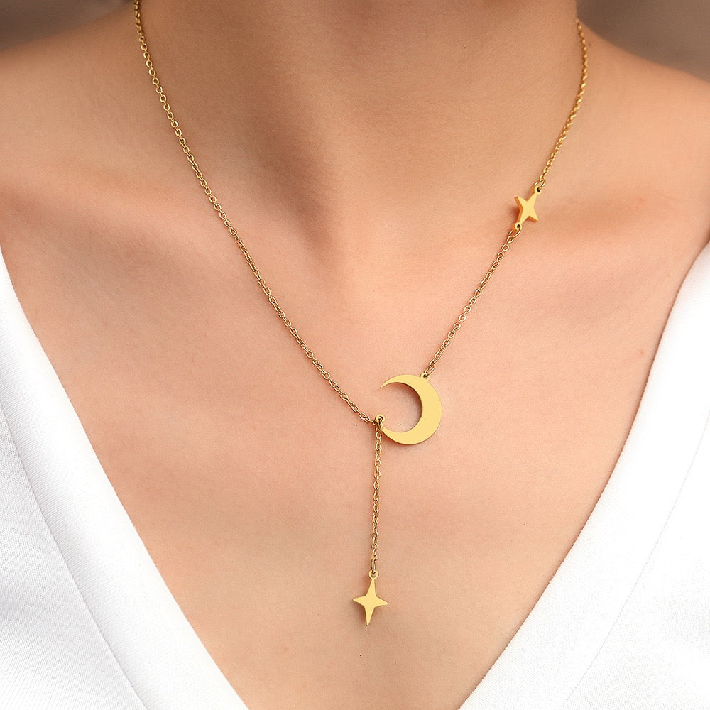 18K Gold Star Moon Tassel Minimalist INS Clavicle Necklace
