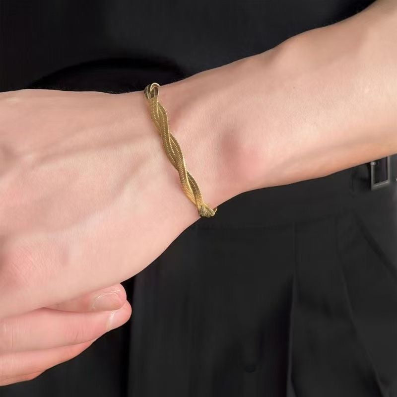 18K Gold Minimalist Twisted Snake Bone Bracelet Unisex