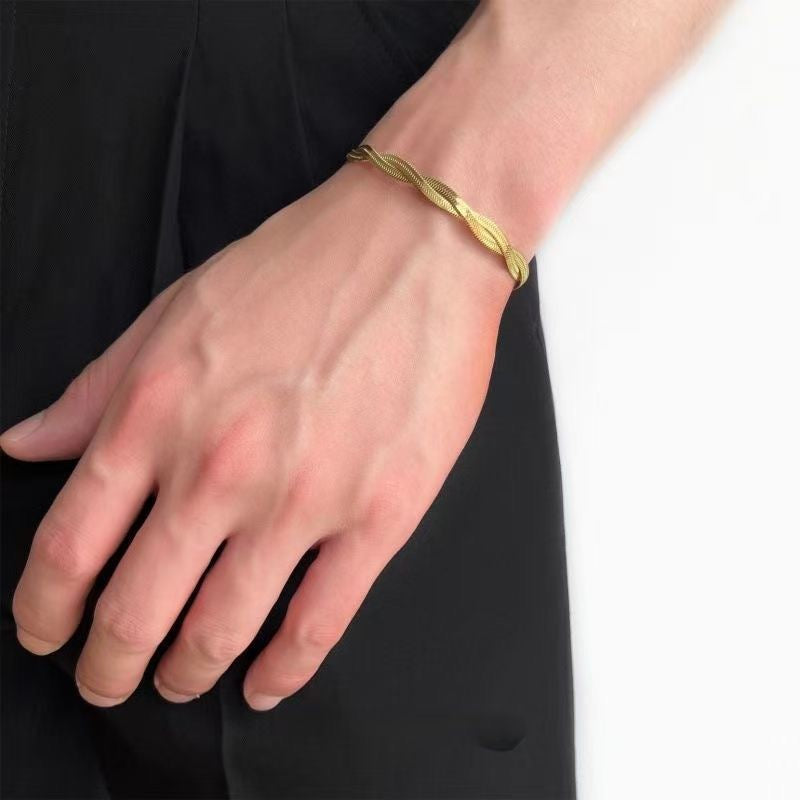 18K Gold Minimalist Twisted Snake Bone Bracelet Unisex