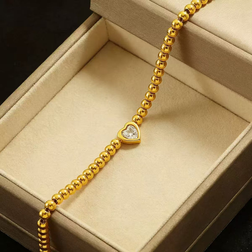 18K Gold White Diamond Heart Bead Bracelet