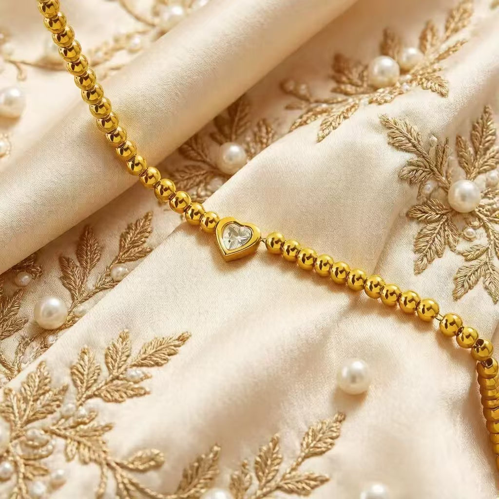 18K Gold White Diamond Heart Bead Bracelet