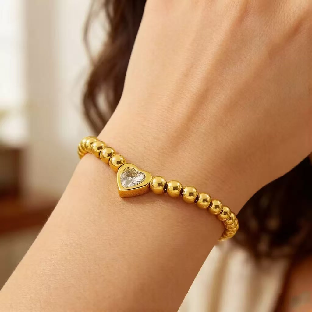 18K Gold White Diamond Heart Bead Bracelet