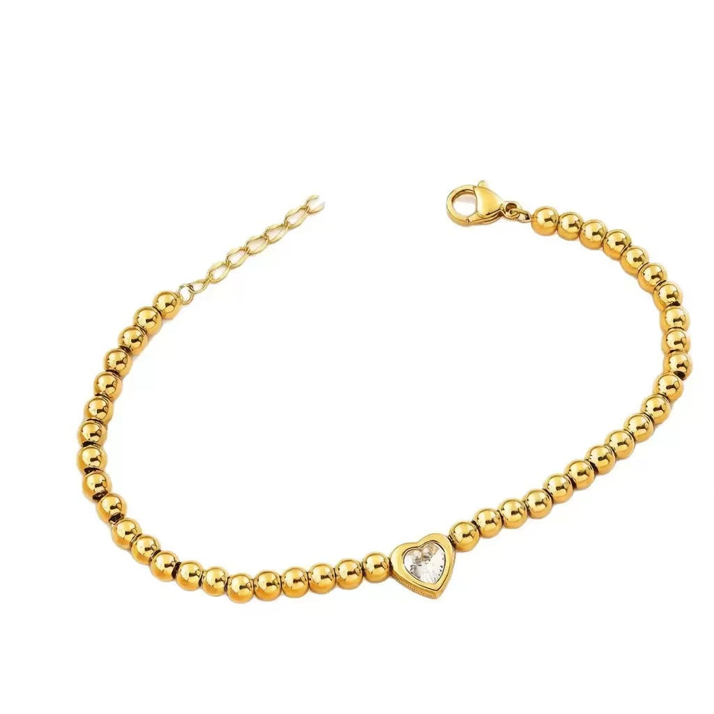 18K Gold White Diamond Heart Bead Bracelet