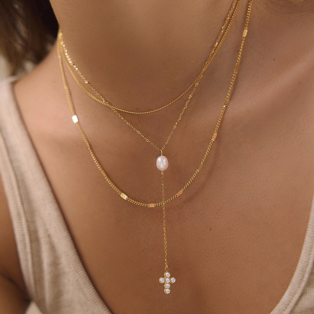 18K Gold Zircon Pearl Layered Necklace