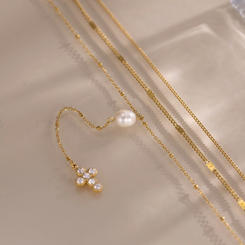 18K Gold Zircon Pearl Layered Necklace