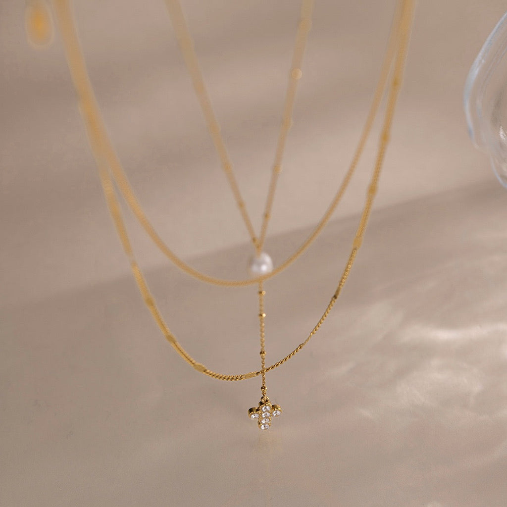 18K Gold Zircon Pearl Layered Necklace