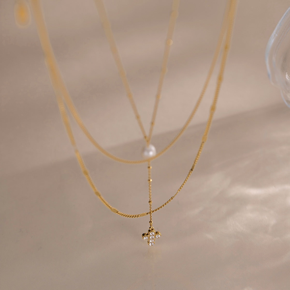 18K Gold Zircon Pearl Layered Necklace
