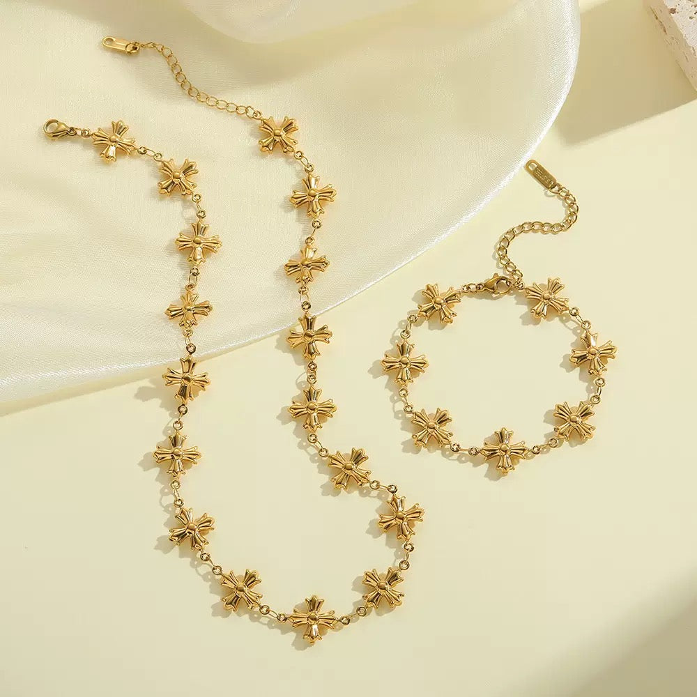 14K Gold Engraved Cross Chrome Hearts Choker + Bracelet