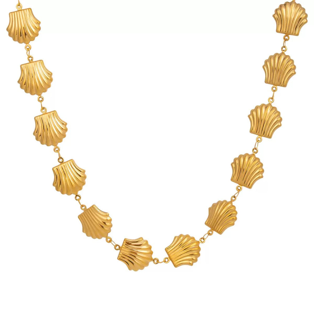 14K Gold Engraved Shell Necklace and Bracelet 2Pcs Set