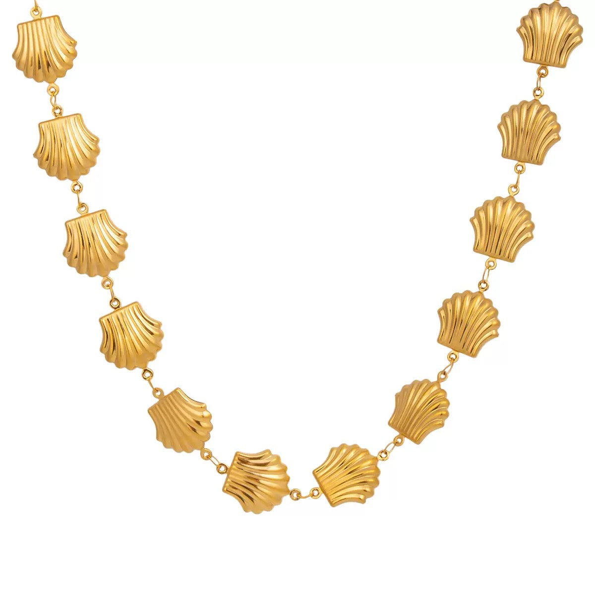 14K Gold Engraved Shell Necklace and Bracelet 2Pcs Set