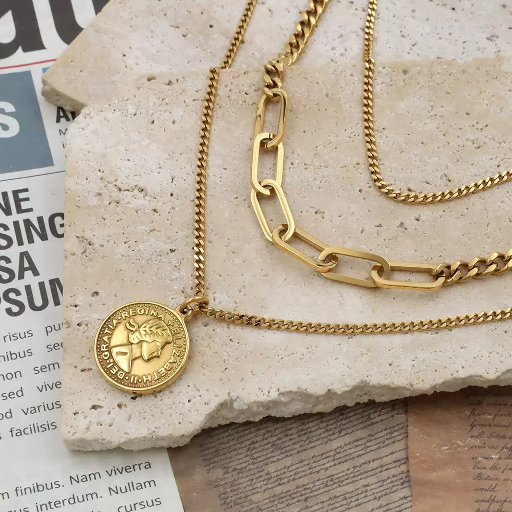18K Gold Multi-Layer Round Locket Pendant Necklace