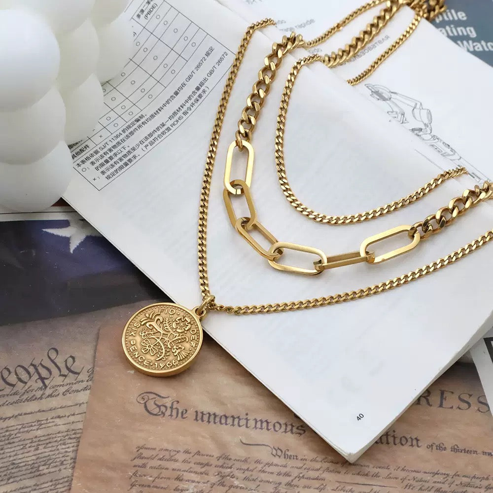 18K Gold Multi-Layer Round Locket Pendant Necklace