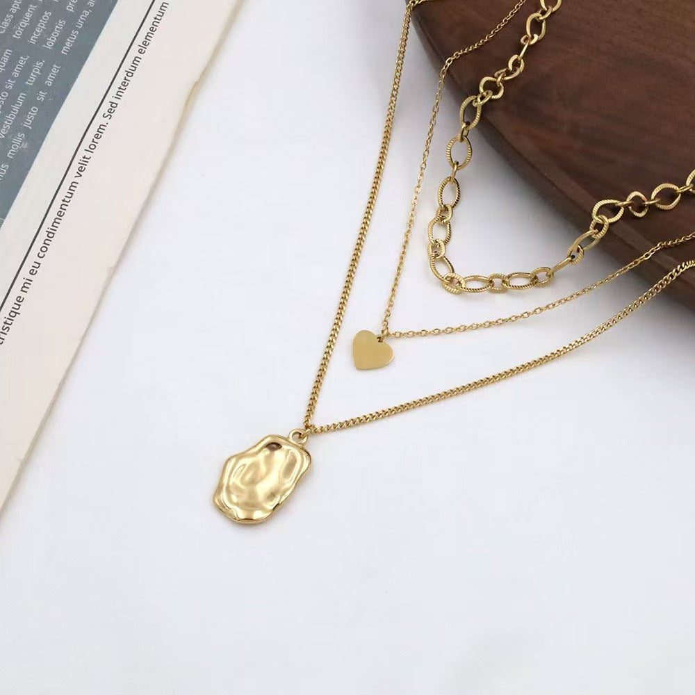 18K Gold Irregular Pendant Three-Layer Layered Choker