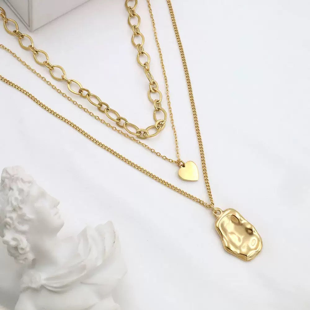 18K Gold Irregular Pendant Three-Layer Layered Choker