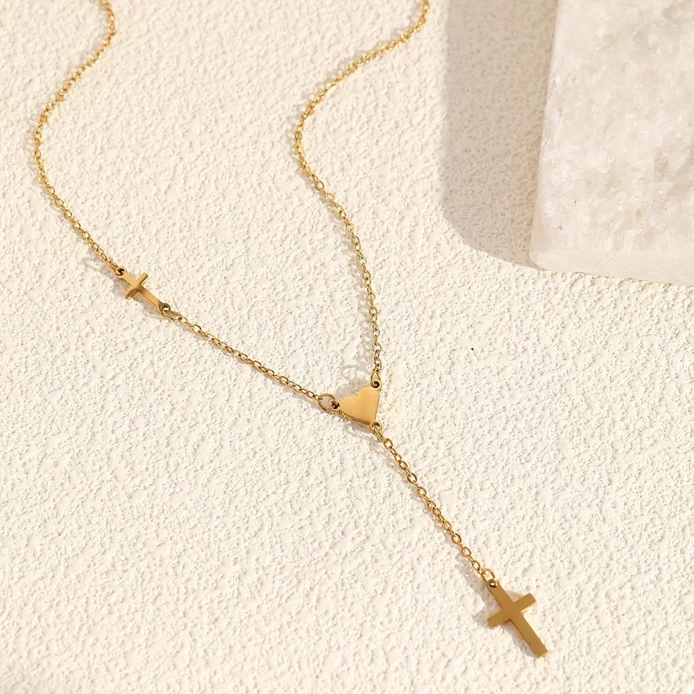 14K Gold Cross Heart Faith Choker Necklace