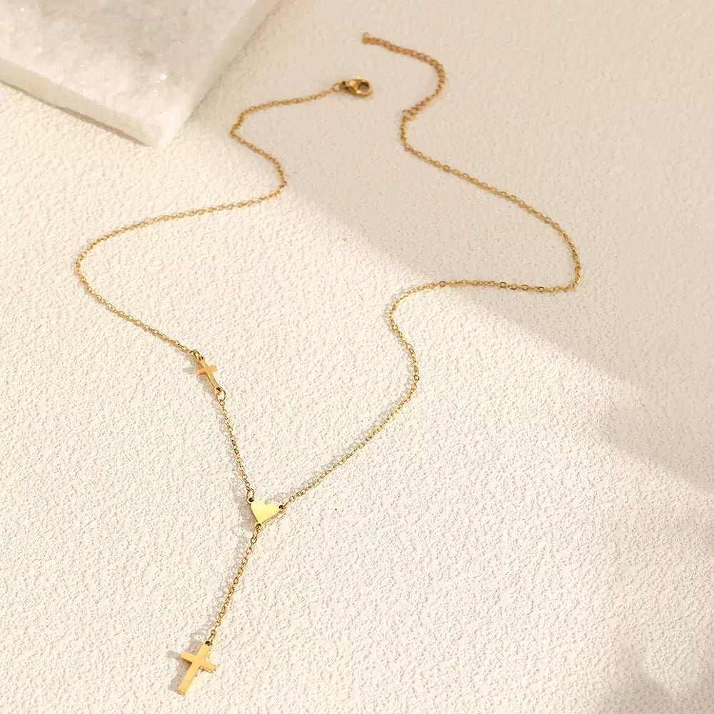 14K Gold Cross Heart Faith Choker Necklace