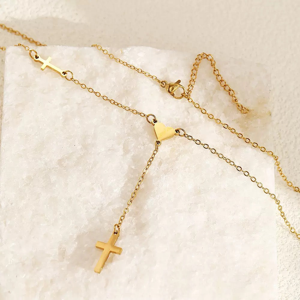 14K Gold Cross Heart Faith Choker Necklace