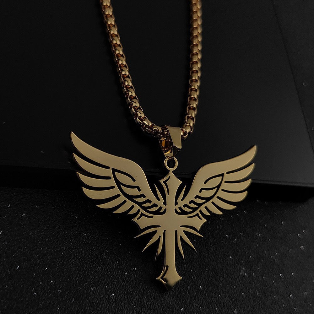 14K Gold Hollow Eagle Crest Cross Necklace