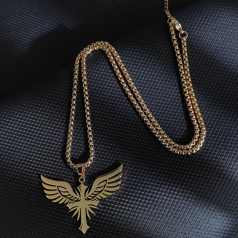 14K Gold Hollow Eagle Crest Cross Necklace