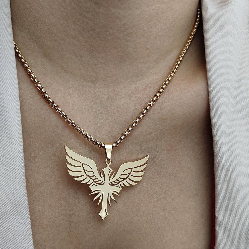14K Gold Hollow Eagle Crest Cross Necklace
