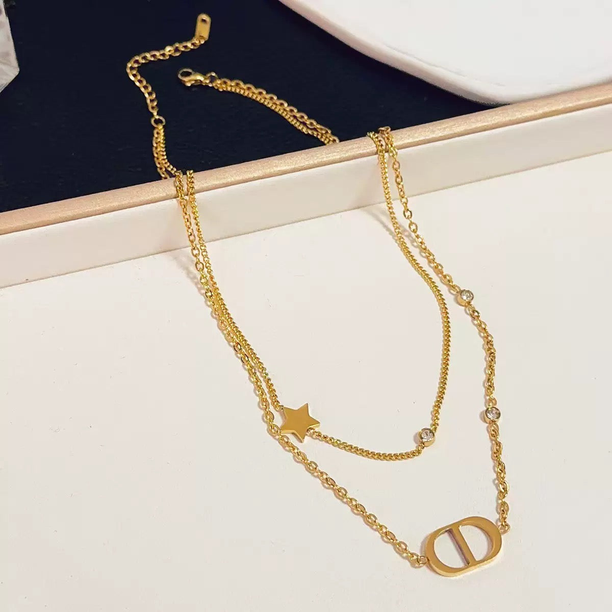 14k Gold Light Luxury Double-Layer CD Letter Adjustable Necklace