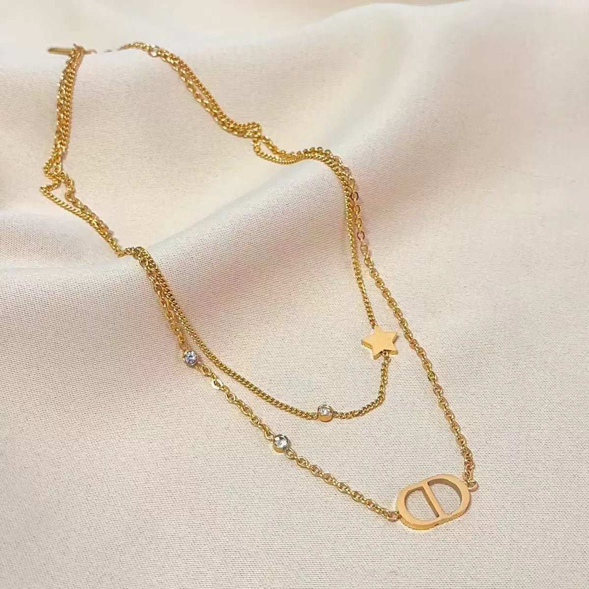 14k Gold Light Luxury Double-Layer CD Letter Adjustable Necklace