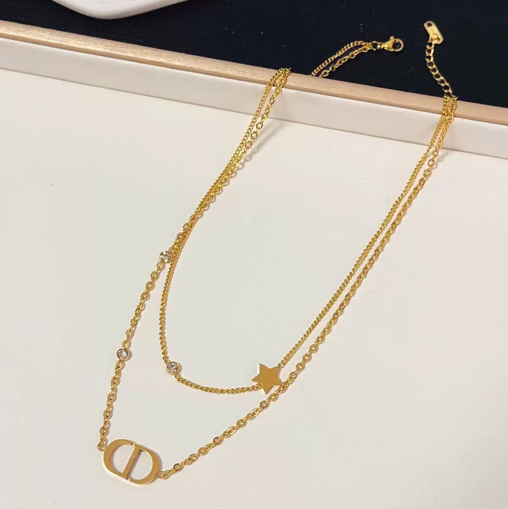 14k Gold Light Luxury Double-Layer CD Letter Adjustable Necklace