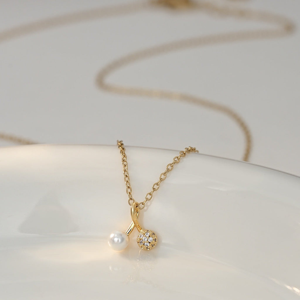 14k Gold Sparkle Diamond Pearl Cherry Pendant Necklace