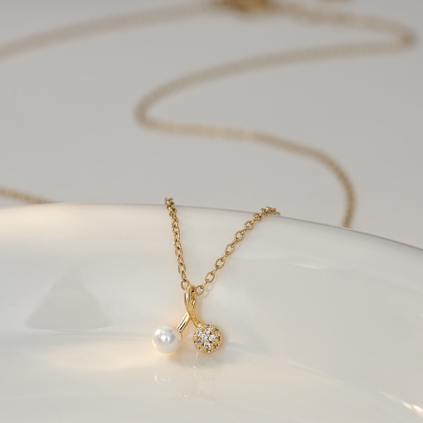 14k Gold Sparkle Diamond Pearl Cherry Pendant Necklace
