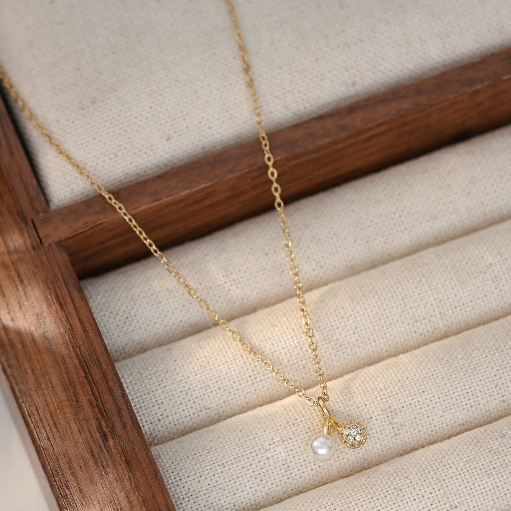 14k Gold Sparkle Diamond Pearl Cherry Pendant Necklace