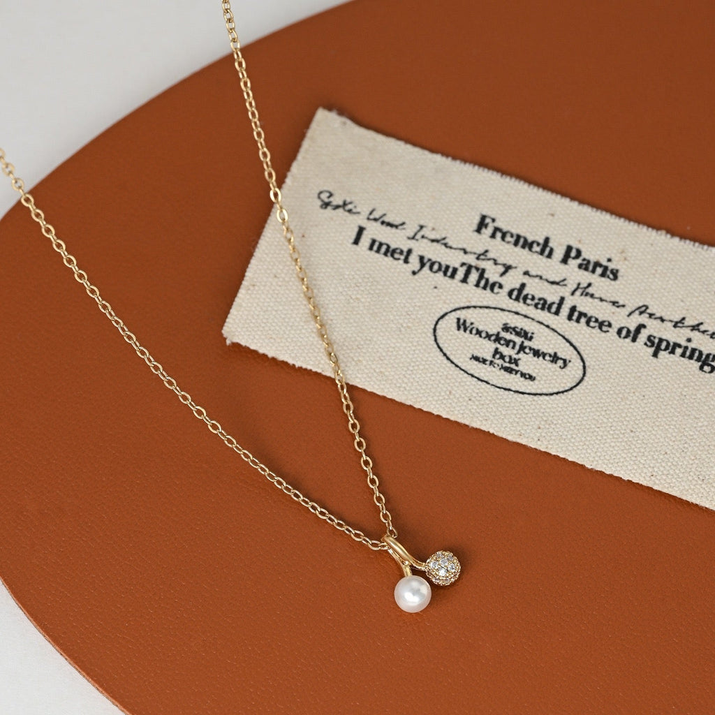 14k Gold Sparkle Diamond Pearl Cherry Pendant Necklace