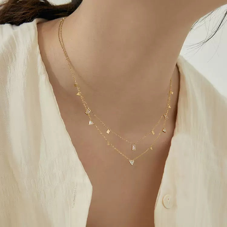 14k Gold Teardrop Triangle Tassel Zircon Necklace