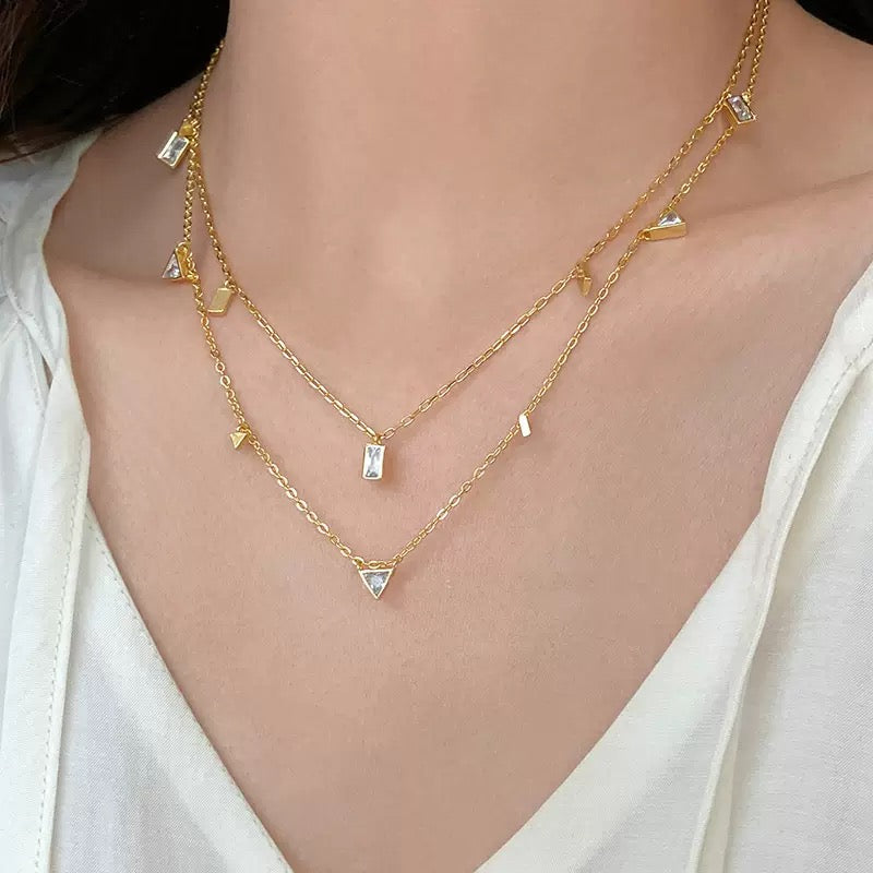 14k Gold Teardrop Triangle Tassel Zircon Necklace
